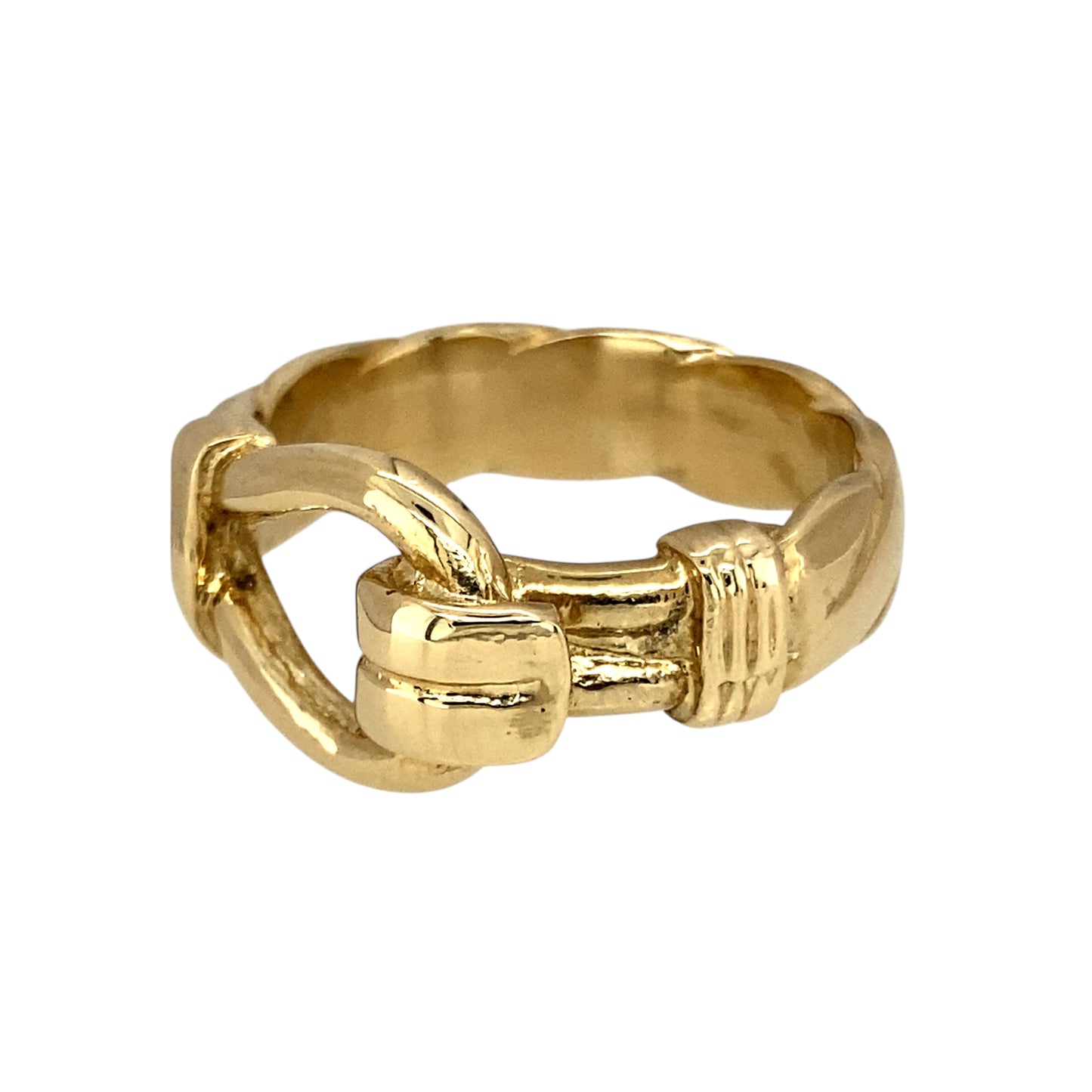 New 9ct Yellow Gold Horseshoe Buckle Twist Band Ring in size Z with the weight 11.50 grams. The front of the buckle is 12mm high and the band is 7mm wide