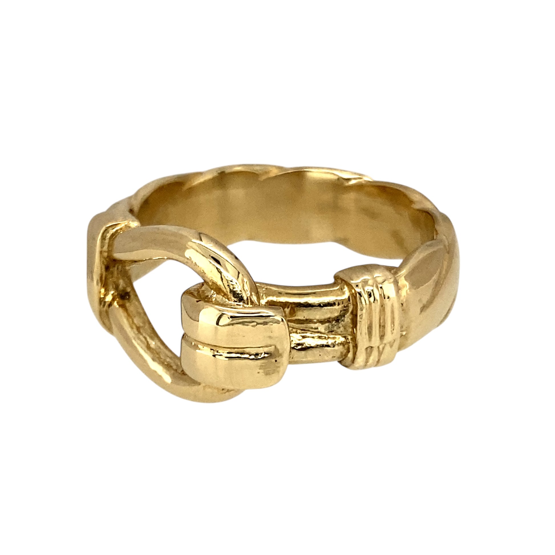 New 9ct Yellow Gold Horseshoe Buckle Twist Band Ring in size Z with the weight 11.50 grams. The front of the buckle is 12mm high and the band is 7mm wide