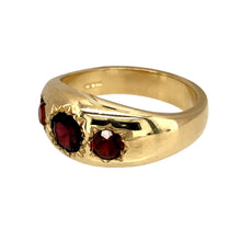 Load image into Gallery viewer, New 9ct Yellow Gold &amp; Garnet Set Vintage Style Trilogy Ring in size Y with the weight 12.80 grams. The front of the ring is 11mm high and the center garnet stone is 6mm diameter
