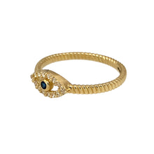 Load image into Gallery viewer, New 9ct Yellow Gold &amp; Cubic Zirconia Set Eye Ring in size J with the weight 1.20 grams. The front of the ring is 5mm high and there is a center blue stone

