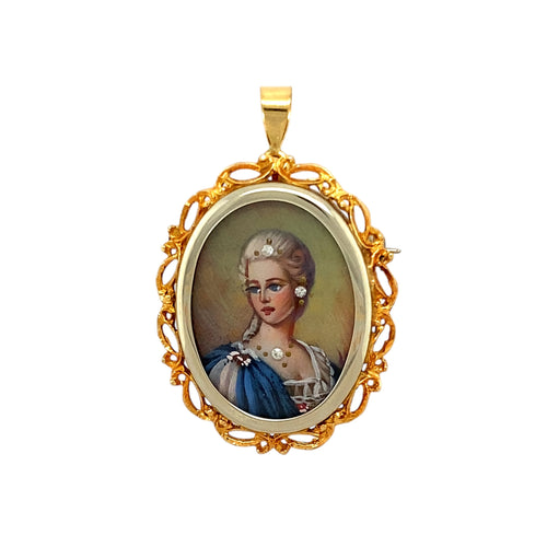 18ct Gold Vintage Painted Lady Portrait Brooch/Pendant