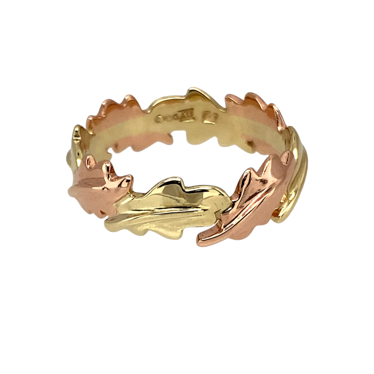 Preowned 9ct Yellow and Rose Gold Clogau Royal Oak Leaf Band Ring in size N to O with the weight 3.30 grams. The band is 6mm wide