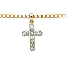 Load image into Gallery viewer, Preowned 9ct Yellow and White Gold &amp; Cubic Zirconia Set Cross Pendant on an 18&quot; curb chain with the weight 8.10 grams. The pendant is 3.5cm long including the bail
