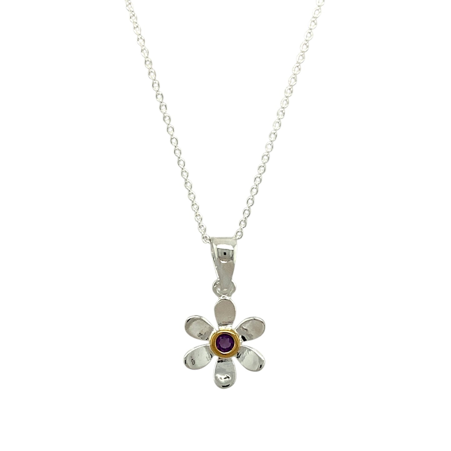 925 Silver & Amethyst Set Flower February Birthstone 16" - 18" Necklace