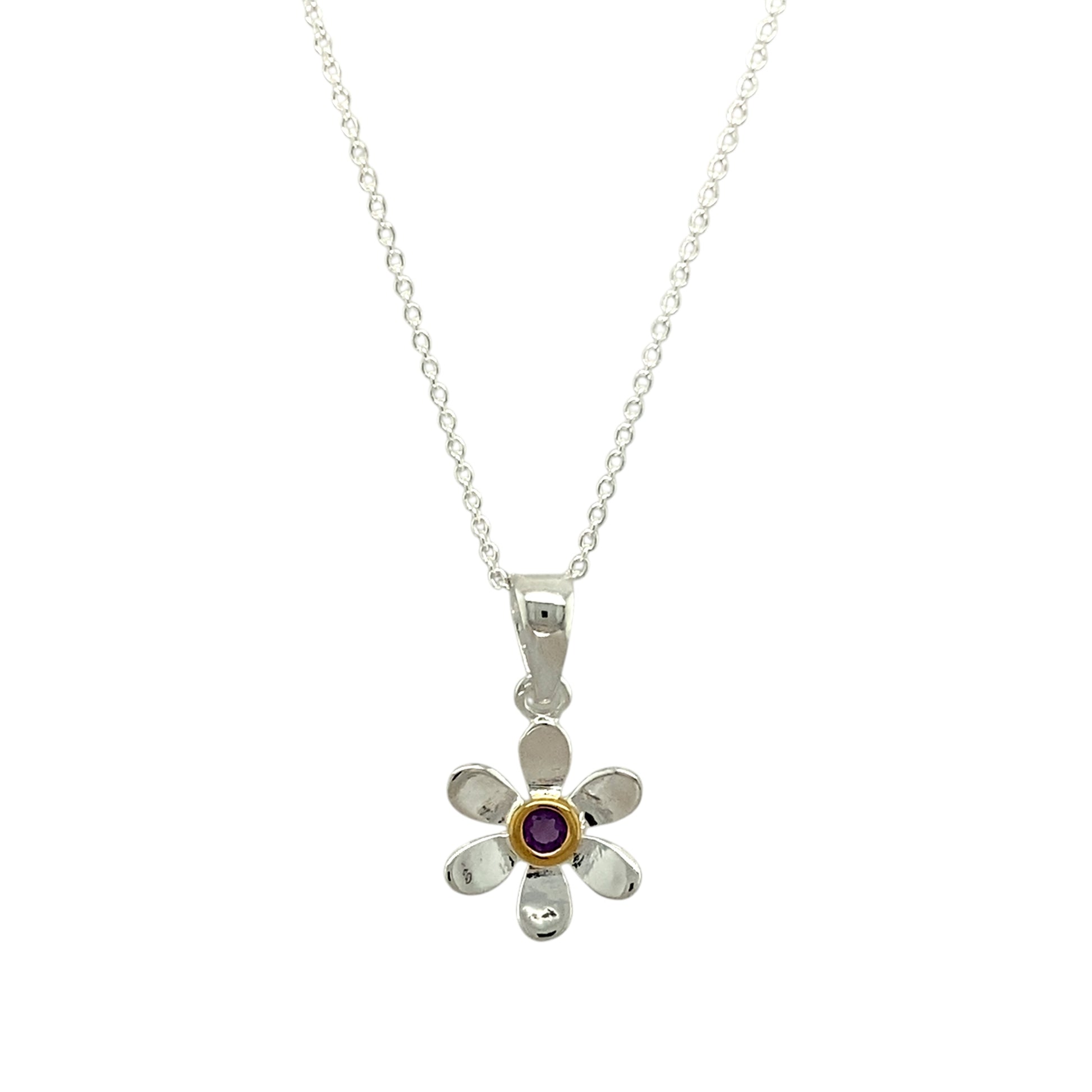 925 Silver & Amethyst Set Flower February Birthstone 16" - 18" Necklace