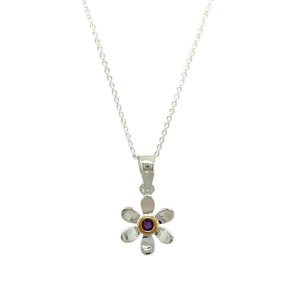 925 Silver & Amethyst Set Flower February Birthstone 16" - 18" Necklace