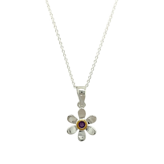 925 Silver & Amethyst Set Flower February Birthstone 16" - 18" Necklace