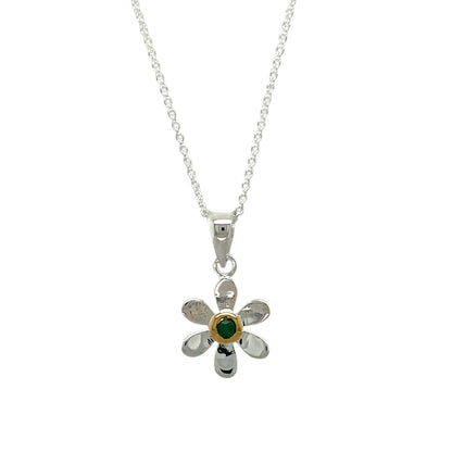 925 Silver & Emerald Set Flower May Birthstone 16" - 18" Necklace