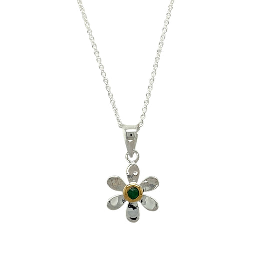 925 Silver & Emerald Set Flower May Birthstone 16" - 18" Necklace