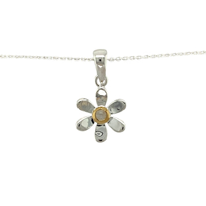 Add a touch of elegance and personal meaning to your jewellery collection with this new 925 silver & moonstone set flower June birthstone pendant necklace, featuring:

Design: A delicate flower-shaped pendant, set with a mystical moonstone birthstone at its centre for a timeless and meaningful touch.
Material: 925 sterling silver, with a gold-plated setting around the moonstone for added warmth and contrast.
Gemstone: Features a 2mm diameter moonstone, known as the birthstone for June, symbolising intuition