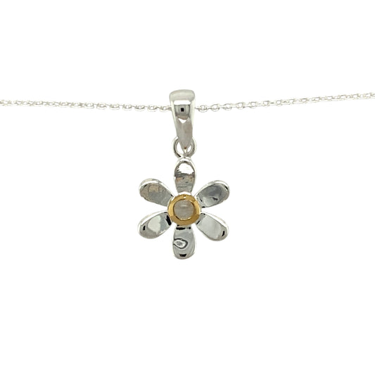 Add a touch of elegance and personal meaning to your jewellery collection with this new 925 silver & moonstone set flower June birthstone pendant necklace, featuring:

Design: A delicate flower-shaped pendant, set with a mystical moonstone birthstone at its centre for a timeless and meaningful touch.
Material: 925 sterling silver, with a gold-plated setting around the moonstone for added warmth and contrast.
Gemstone: Features a 2mm diameter moonstone, known as the birthstone for June, symbolising intuition