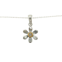 Load image into Gallery viewer, Add a touch of elegance and personal meaning to your jewellery collection with this new 925 silver &amp; moonstone set flower June birthstone pendant necklace, featuring:

Design: A delicate flower-shaped pendant, set with a mystical moonstone birthstone at its centre for a timeless and meaningful touch.
Material: 925 sterling silver, with a gold-plated setting around the moonstone for added warmth and contrast.
Gemstone: Features a 2mm diameter moonstone, known as the birthstone for June, symbolising intuition
