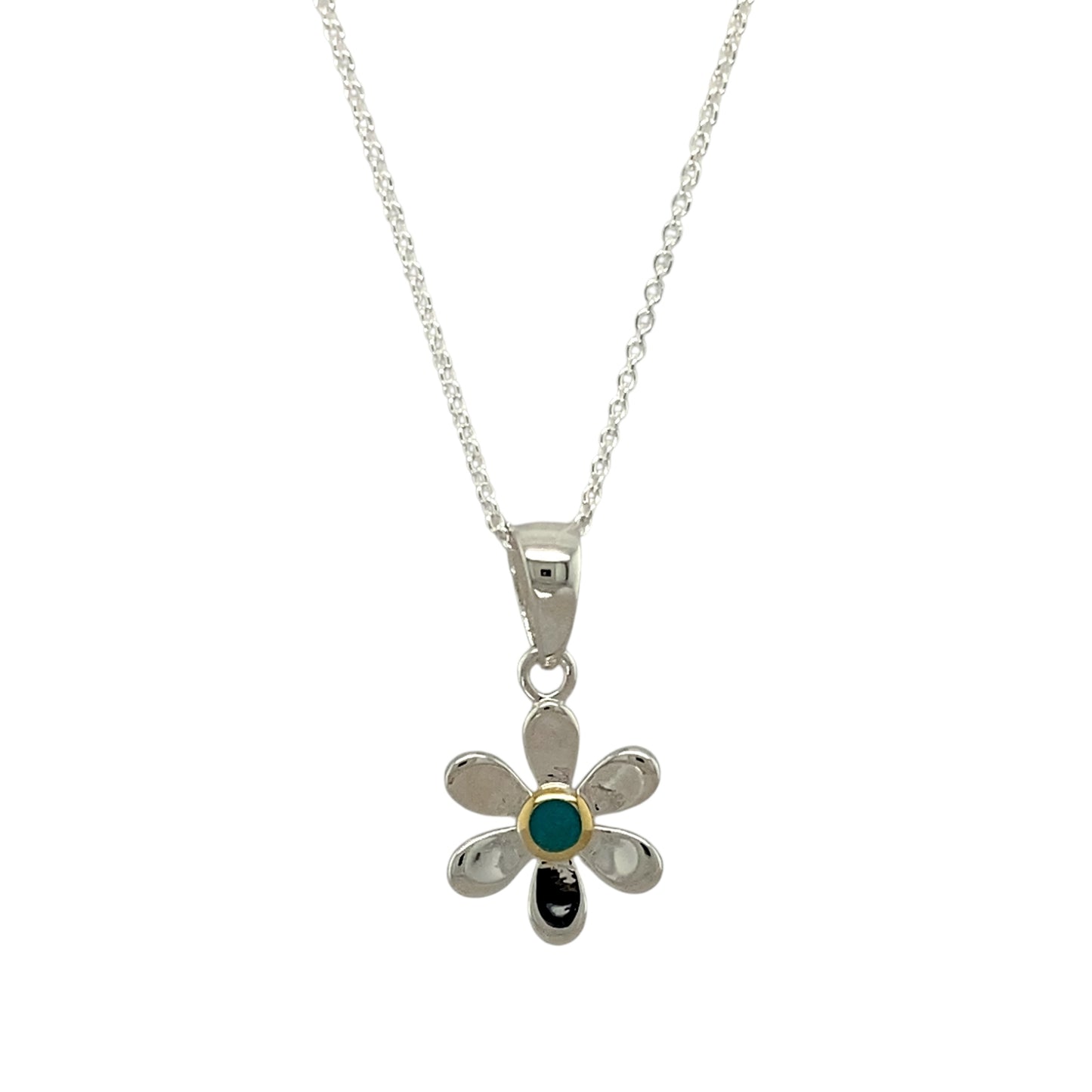 925 Silver & Turquoise Set Flower December Birthstone 16" - 18" Necklace