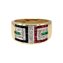 Load image into Gallery viewer, 9ct Gold Diamond &amp; Gemstone Greek Key Patterned Wide Band Ring

