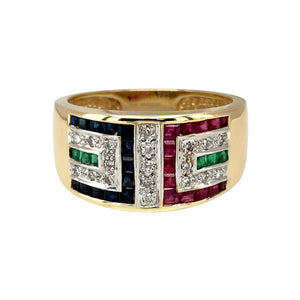 9ct Gold Diamond & Gemstone Greek Key Patterned Wide Band Ring