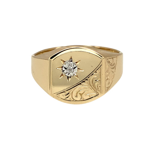 9ct Gold & Diamond Set Engraved Signet Ring