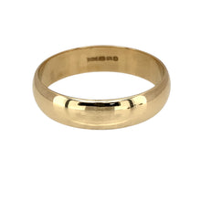 Load image into Gallery viewer, Add a timeless and elegant piece to your jewellery collection with this pre-owned 9ct yellow gold D-shape 5mm wedding band ring, featuring:

Design: A classic D-shape wedding band, with a gently rounded exterior and a flat interior for a comfortable fit.
Material: 9-carat yellow gold, offering a warm and enduring appeal.
Size &amp; Weight: Designed in size U, with a solid weight of 3.70 grams for a durable and comfortable feel.
Band Width: Measures 5mm wide, making it a noticeable yet sleek piece.
