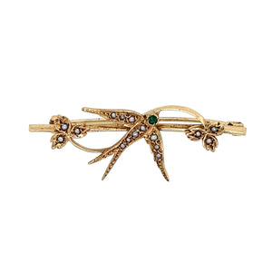 9ct Gold Seed Pearl & Green Stone Vintage Swallow Brooch