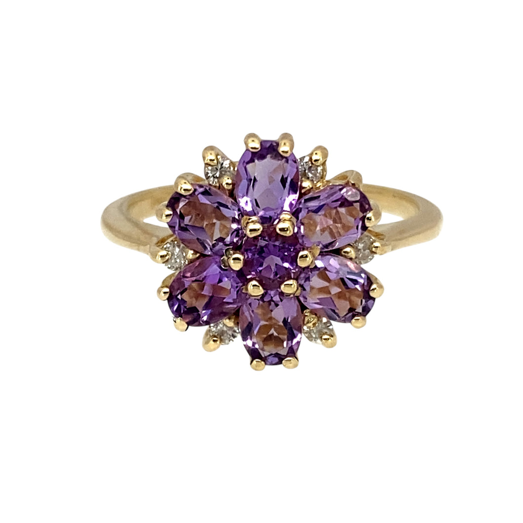 9ct Gold Diamond & Amethyst Set Flower Cluster Ring