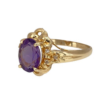 Load image into Gallery viewer, Add a touch of luxury and colour to your jewellery collection with this pre-owned 14ct yellow gold diamond &amp; amethyst set ring, featuring:

Design: A timeless and elegant setting, highlighting a vibrant central gemstone.
Material: 14-carat yellow gold, offering a rich and polished finish.
Gemstone Arrangement: Features a stunning 9mm by 7mm oval-cut amethyst, radiating a deep purple hue.
Diamond Accents: Sparkling diamonds enhance the brilliance of the central stone, adding elegance and charm.

