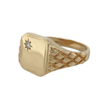 Load image into Gallery viewer, Add a bold and distinguished piece to your jewellery collection with this pre-owned 9ct yellow gold &amp; diamond set rectangular signet ring, featuring:

Design: A classic rectangular signet ring with patterned shoulders, adding character and refinement.
Material: 9-carat yellow gold, offering a rich and polished finish.
Gemstone Detail: Accented with sparkling diamonds, bringing a touch of brilliance to the design.
Ring Front: Measures 14mm high, making a striking and elegant statement.


