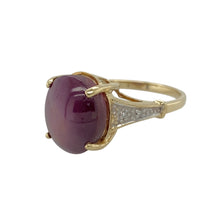 Load image into Gallery viewer, Add a bold and elegant statement to your jewellery collection with this pre-owned 9ct yellow and white gold diamond &amp; purple stone set ring, featuring:

Design: A sophisticated and eye-catching piece, perfect for those who love vibrant gemstones.
Material: 9-carat yellow and white gold, offering a striking contrast and polished finish.
Gemstone Detail: Features a stunning 12mm by 10mm purple stone, radiating deep, rich colour.
Diamond Accents: Sparkling diamonds enhance the brilliance of the central stone,
