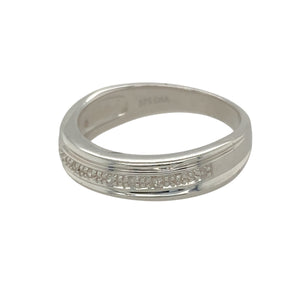 Add subtle sophistication to your jewellery collection with this pre-owned 9ct white gold and diamond set band ring, featuring:

Design: A sleek and modern band style with a refined silhouette, perfect for everyday wear or stacking with other pieces.
Material: Made from 9-carat white gold, offering a cool-toned, polished finish that complements any look.
Gemstone Detail: Set with sparkling diamonds that add a touch of brilliance and elegance to the band.
