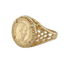Load image into Gallery viewer, Add historical flair to your jewellery collection with this pre-owned 9ct yellow gold coin ring, featuring:

Design: A vintage-inspired coin ring showcasing a detailed coin inscribed with &#39;Maximiliano Emperador&#39;, offering a bold and regal touch.
Material: 9-carat yellow gold, providing a warm and polished finish with timeless appeal.
Ring Front: Measures 15mm high, creating a striking and distinctive focal point on the finger.
Size &amp; Weight: Fits between sizes O to P and weighs 3.80 grams
