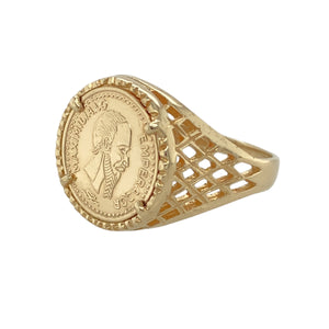 Add historical flair to your jewellery collection with this pre-owned 9ct yellow gold coin ring, featuring:

Design: A vintage-inspired coin ring showcasing a detailed coin inscribed with 'Maximiliano Emperador', offering a bold and regal touch.
Material: 9-carat yellow gold, providing a warm and polished finish with timeless appeal.
Ring Front: Measures 15mm high, creating a striking and distinctive focal point on the finger.
Size & Weight: Fits between sizes O to P and weighs 3.80 grams