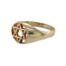 Load image into Gallery viewer, Add spiritual symbolism to your jewellery collection with this pre-owned 9ct yellow gold Star of David ring, featuring:

Design: A meaningful Star of David motif, representing identity and faith in a clean, traditional style.
Material: 9-carat yellow gold, offering a warm and polished finish with lasting appeal.
Ring Front: Measures 10mm high, creating a noticeable yet elegant focal point on the finger.
Size &amp; Weight: Designed in size N and weighs 2.40 grams, ensuring a comfortable and balanced fit.
