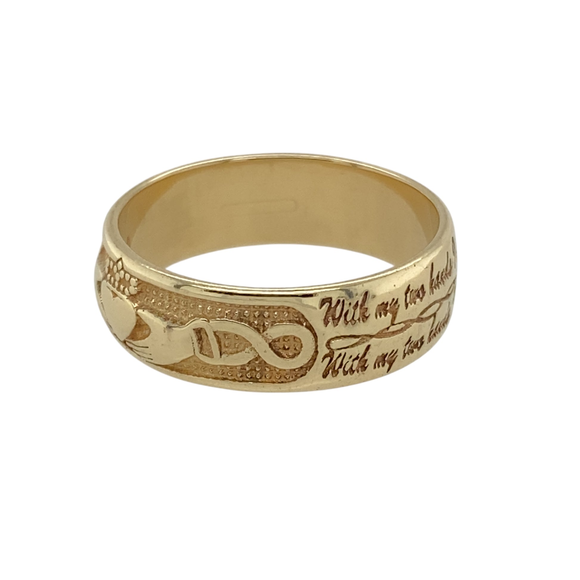 Add a touch of Irish heritage and romance to your jewellery collection with this pre-owned 9ct yellow gold Claddagh band ring.

Design: Featuring the traditional Claddagh symbol of hands, heart, and crown, this ring represents love, loyalty, and friendship. The engraved message, "With my two hands I give you my heart and crown it with my love," adds a sentimental touch.
Material: Made from 9-carat yellow gold, offering a warm and polished finish that enhances the intricate detailing.
