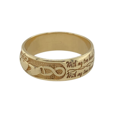 Add a touch of Irish heritage and romance to your jewellery collection with this pre-owned 9ct yellow gold Claddagh band ring.

Design: Featuring the traditional Claddagh symbol of hands, heart, and crown, this ring represents love, loyalty, and friendship. The engraved message, "With my two hands I give you my heart and crown it with my love," adds a sentimental touch.
Material: Made from 9-carat yellow gold, offering a warm and polished finish that enhances the intricate detailing.
