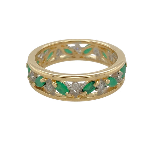 9ct Gold Diamond & Emerald Set Open Patterned Band Ring