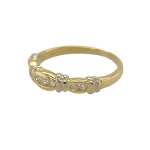 Load image into Gallery viewer, Add a touch of elegance to your jewellery collection with this pre-owned 18ct yellow and white gold diamond set patterned band ring.

Design: Featuring a delicate patterned design, this band is adorned with sparkling diamonds for a refined and sophisticated look.
Material: Made from a combination of 18-carat yellow and white gold, offering a beautiful contrast that enhances the intricate detailing.
Gemstone Detail: Set with dazzling diamonds, adding subtle brilliance to the elegant band.
