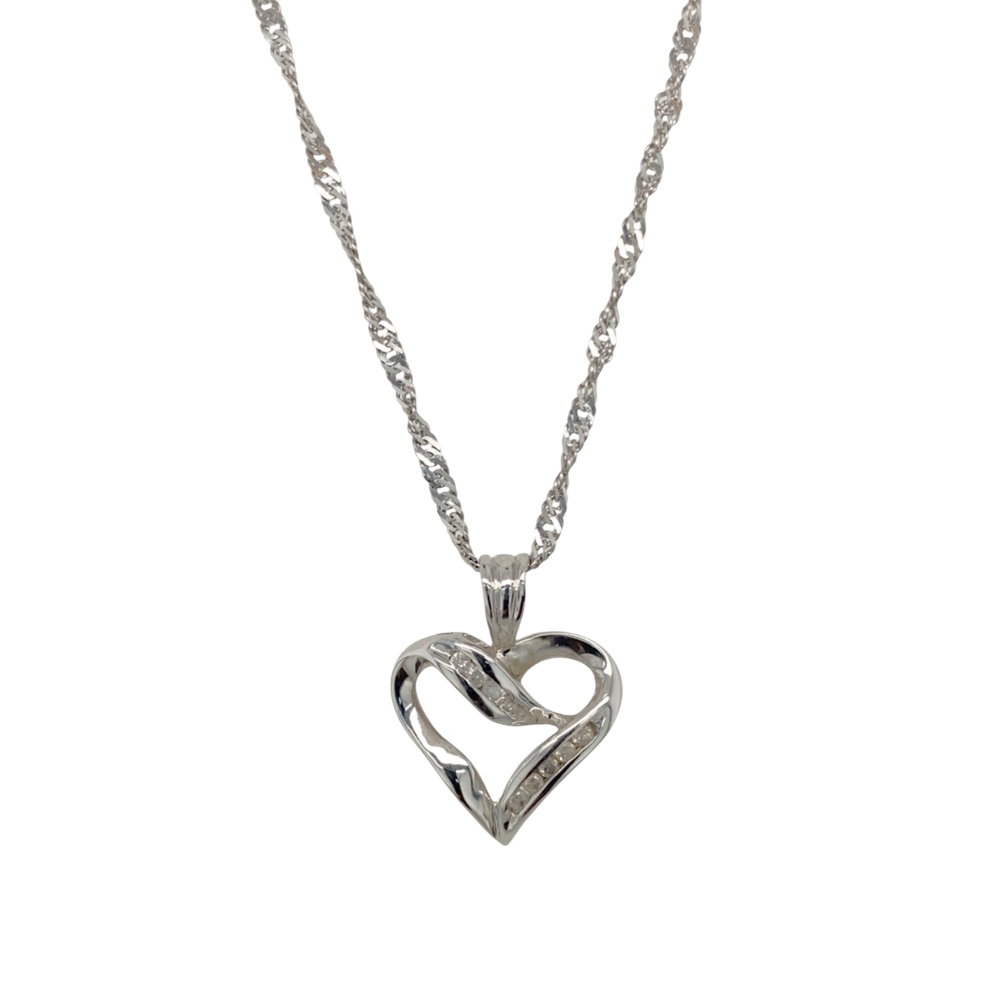 9ct White Gold & Diamond Set Open Heart 18" Necklace