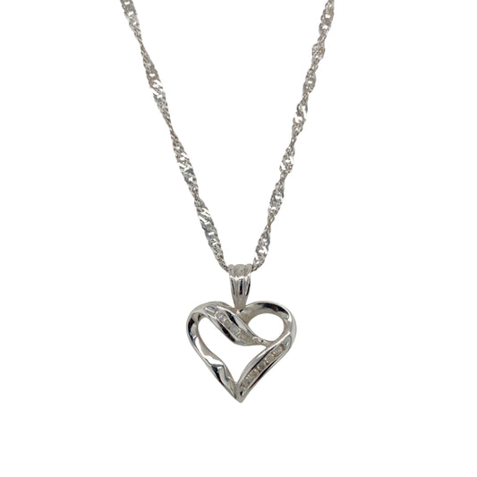 9ct White Gold & Diamond Set Open Heart 18" Necklace