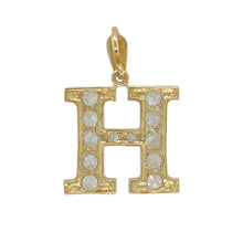Load image into Gallery viewer, Add a personal and sparkling touch to your jewellery collection with this pre-owned 9ct yellow and white gold &amp; cubic zirconia set &#39;H&#39; initial pendant.

Design: A beautifully designed pendant featuring the letter &#39;H&#39;, crafted in a combination of yellow and white gold, and adorned with shimmering cubic zirconia for added sparkle and elegance.
Material: Made from 9-carat yellow and white gold, providing a two-tone finish that enhances the brilliance of the cubic zirconia.

