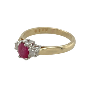 Add timeless elegance to your jewellery collection with this pre-owned 9ct yellow gold diamond & ruby set trilogy ring.

Design: A classic trilogy ring featuring a vibrant ruby at the centre, flanked by two sparkling diamonds, symbolizing the past, present, and future.
Material: Made from 9-carat yellow gold, providing a warm and polished finish that enhances the brilliance of the gemstones.
Gemstone Detail: Showcases a striking 5mm by 4mm ruby