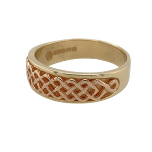 Add a touch of elegance and heritage to your jewellery collection with this pre-owned 9ct yellow and rose gold Clogau Lady Guinevere Celtic knot style band ring.

Design: Featuring the timeless and intricate Celtic knot design, symbolizing eternity and unity, this ring captures the essence of Celtic artistry and craftsmanship.
Material: Made from 9-carat yellow and rose gold, blending warm tones to create a unique and refined look.
Size & Weight: Weighing 4.90 grams, the ring is available in size R to S