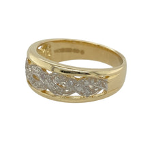 Load image into Gallery viewer, Add a touch of elegance to your jewellery collection with this pre-owned 9ct yellow and white gold and diamond set twist patterned band ring.

Design: A stylish twist-patterned band featuring sparkling diamonds, creating a beautiful contrast between the yellow and white gold for added sophistication.
Material: Made from 9-carat yellow and white gold, offering a polished finish that enhances the intricate design and diamond accents.
Size &amp; Weight: Weighing 3.70 grams, this ring is size L
