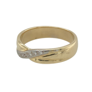 Add a touch of sophistication to your jewellery collection with this pre-owned 9ct yellow and white gold and diamond set crossover band ring.

Design: A modern crossover design featuring sparkling diamonds, set against the contrasting yellow and white gold for a refined and elegant look.
Material: Made from 9-carat yellow and white gold, offering a polished finish that beautifully highlights the diamond accents.
Size & Weight: Weighing 3.60 grams, this ring is size N, with the band measuring 5mm