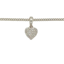 Load image into Gallery viewer, Add a romantic touch to your jewellery collection with this pre-owned 9ct white gold and diamond set heart pendant on an 18&quot; curb chain necklace.

Design: A delicate heart-shaped pendant set with sparkling diamonds, symbolising love and elegance, suspended on a sleek curb chain.
Material: Made from 9-carat white gold, offering a cool and polished finish that beautifully complements the diamonds.
Size &amp; Weight: Weighing 3.10 grams, the pendant measures 1.3cm long
