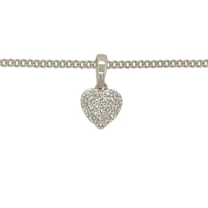 Add a romantic touch to your jewellery collection with this pre-owned 9ct white gold and diamond set heart pendant on an 18" curb chain necklace.

Design: A delicate heart-shaped pendant set with sparkling diamonds, symbolising love and elegance, suspended on a sleek curb chain.
Material: Made from 9-carat white gold, offering a cool and polished finish that beautifully complements the diamonds.
Size & Weight: Weighing 3.10 grams, the pendant measures 1.3cm long