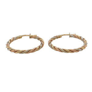 Add a vibrant and dynamic touch to your jewellery collection with these pre-owned 9ct yellow, white, and rose gold twisted hoop creole earrings.

Design: A striking twisted hoop design, expertly combining yellow, white, and rose gold for a multi-tone effect that creates a bold, contemporary look.
Material: Made from 9-carat yellow, white, and rose gold, offering a polished finish that highlights the twisted design and the harmonious blend of colours.
