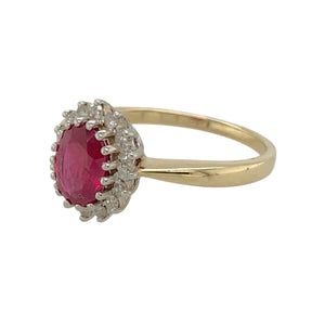 Add a touch of vintage glamour to your jewellery collection with this pre-owned 9ct yellow gold diamond & ruby set cluster ring.

Design: A stunning cluster design featuring a vibrant ruby at the centre, surrounded by sparkling diamonds for an eye-catching finish.
Material: Made from 9-carat yellow gold, offering a warm, polished setting that enhances the beauty of the gemstones.
Gemstone Detail: The rich red ruby stone measures 7mm by 5mm, complemented by a delicate arrangement of dazzling diamonds.
