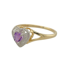 Load image into Gallery viewer, Add a romantic touch to your jewellery collection with this pre-owned 9ct yellow and white gold diamond &amp; amethyst set heart ring.

Design: A delicate heart-shaped design featuring a vibrant amethyst at its centre, accented by sparkling diamonds for added brilliance.
Material: Made from 9-carat yellow and white gold, creating a beautiful contrast that enhances the elegance of the piece.
Gemstone Detail: The heart-cut amethyst stone measures 4mm in diameter, complemented by dazzling diamond accents.

