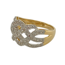 Load image into Gallery viewer, Add a touch of sophistication to your jewellery collection with this pre-owned 18ct yellow and white gold &amp; diamond set open weave wide band ring.

Design: An intricate open weave design, elegantly enhanced by sparkling diamonds for a refined and luxurious look.
Material: Crafted from 18-carat yellow and white gold, creating a striking contrast that highlights the ring’s intricate detailing.
Gemstone Detail: Brilliant diamonds are set within the weave, adding a touch of sparkle to the design.

