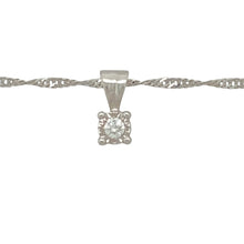 Load image into Gallery viewer, Add a touch of timeless elegance to your jewellery collection with this pre-owned 9ct white gold &amp; diamond illusion set solitaire pendant necklace.

Design: A classic solitaire pendant featuring an illusion setting that enhances the brilliance of the diamond.
Material: Made from 9-carat white gold, offering a sleek and polished finish that complements the sparkling diamond.
Gemstone Detail: The diamond is approximately 0.10ct, beautifully set to maximise its radiance.
Size &amp; Weight: Weighing 2.50 grams
