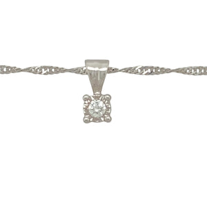 Add a touch of timeless elegance to your jewellery collection with this pre-owned 9ct white gold & diamond illusion set solitaire pendant necklace.

Design: A classic solitaire pendant featuring an illusion setting that enhances the brilliance of the diamond.
Material: Made from 9-carat white gold, offering a sleek and polished finish that complements the sparkling diamond.
Gemstone Detail: The diamond is approximately 0.10ct, beautifully set to maximise its radiance.
Size & Weight: Weighing 2.50 grams