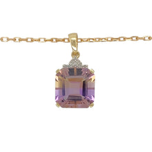 Load image into Gallery viewer, Add a unique statement to your jewellery collection with this pre-owned 9ct yellow gold diamond &amp; ametrine set pendant necklace.

Design: A striking pendant showcasing a vibrant ametrine gemstone, accented by sparkling diamonds for added elegance.
Material: Made from 9-carat yellow gold, providing a warm and polished finish that enhances the beauty of the gemstones.
Gemstone Detail: The square-cut ametrine stone measures 12mm by 12mm
